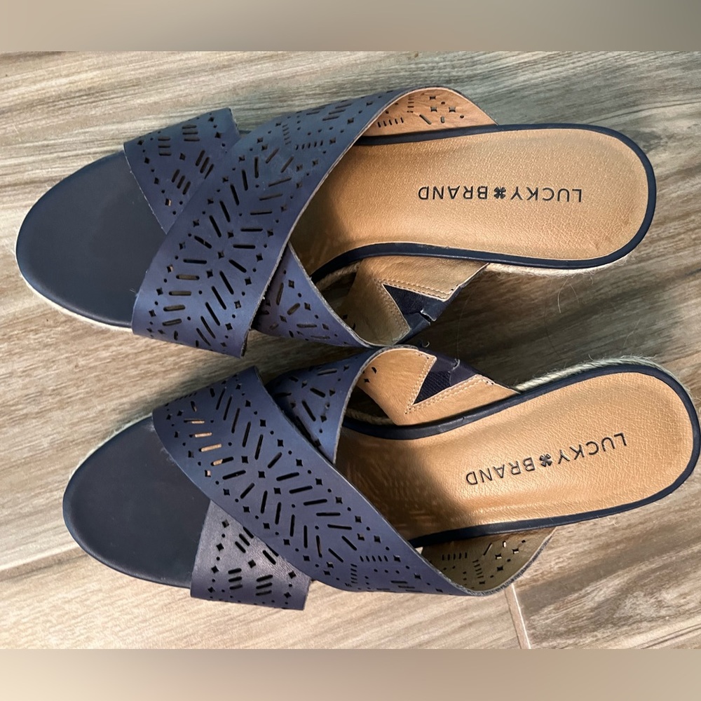 Lucky brand blue wedge sandals in size 9.